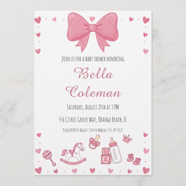 cute pink bow baby shower invitation (Devant)