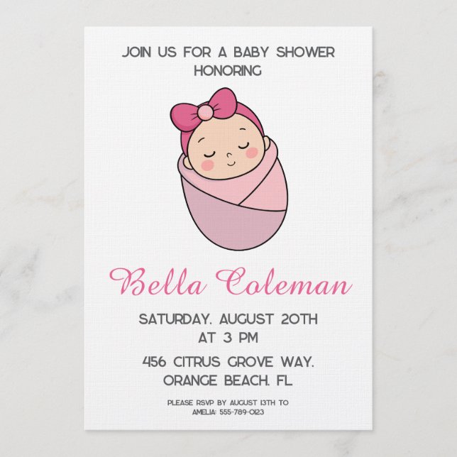 cute pink bow baby shower invitation einladung (Vorderseite)