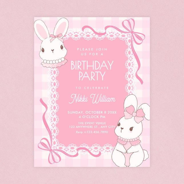 Cute pink bow bunny birthday einladung (Von Creator hochgeladen)