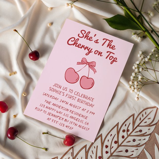 Cute Pink Bow Cherry on Top First Birthday Einladung (Von Creator hochgeladen)