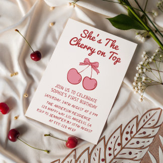 Cute Pink Bow Cherry on Top First Birthday Einladung