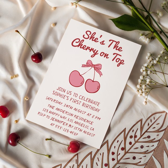 Cute Pink Bow Cherry on Top First Birthday Einladung (Von Creator hochgeladen)