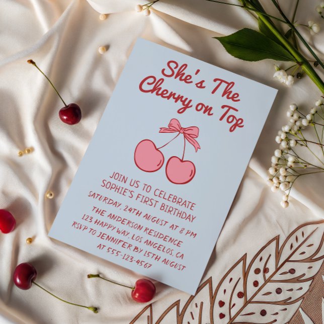 Cute Pink Bow Cherry on Top First Birthday Einladung (Von Creator hochgeladen)