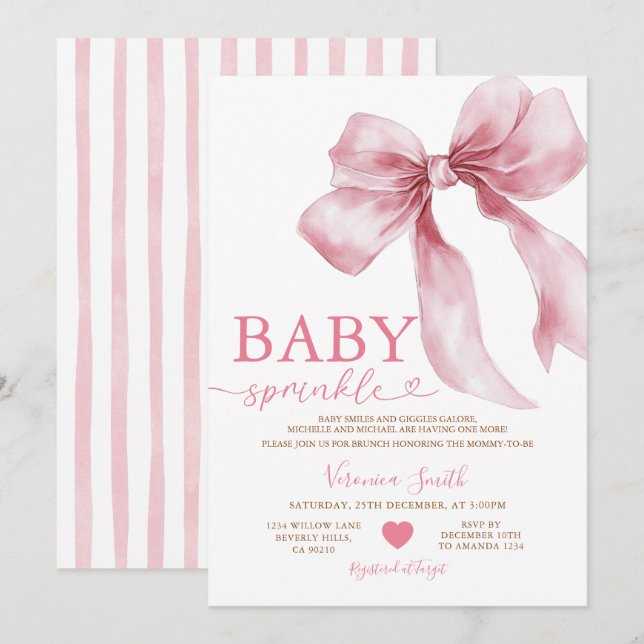 Cute Pink Bow Coquette Baby Sprinkle Baby Shower Einladung (Vorne/Hinten)