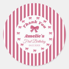 Cute Pink Bow First Birthday  Runder Aufkleber