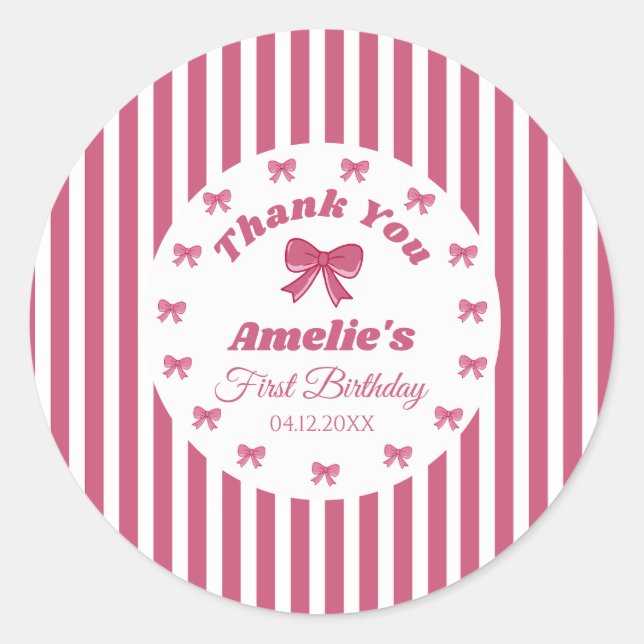 Cute Pink Bow First Birthday  Runder Aufkleber (Vorderseite)