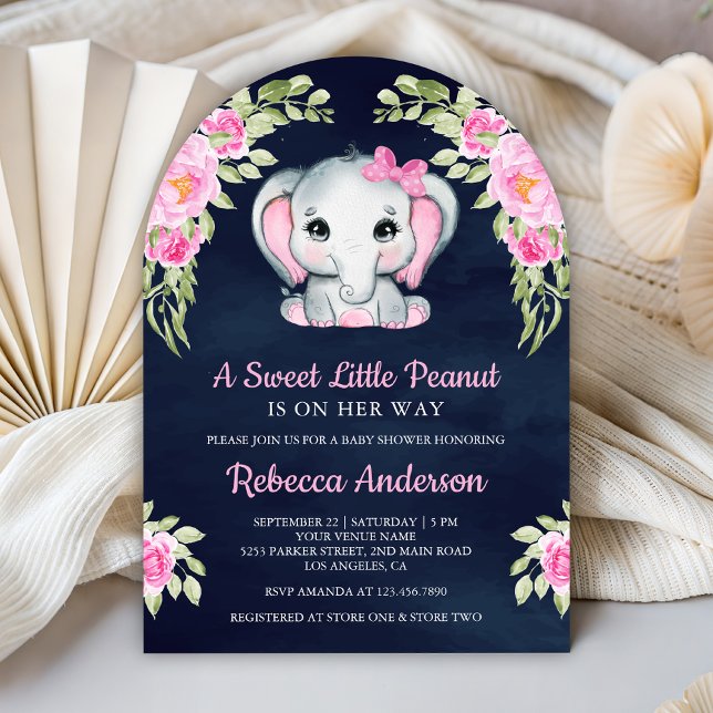 Cute Pink Bow Floral Elephant Navy Baby Shower Einladung (Von Creator hochgeladen)
