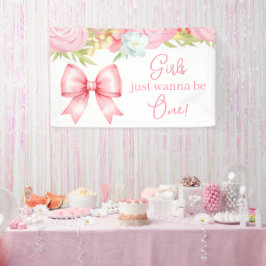 Cute Pink Bow Girl First Birthday Banner