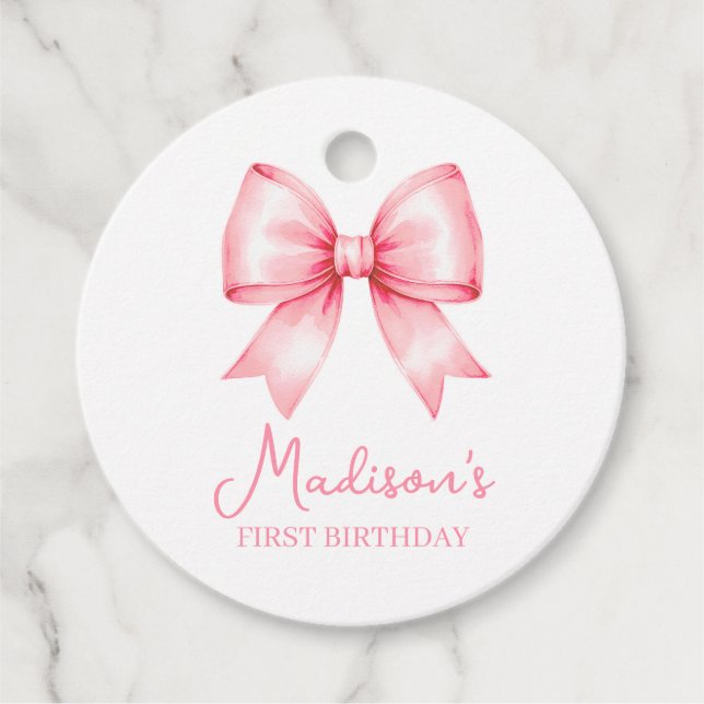 Cute Pink Bow Girl First Birthday Geschenkanhänger (Vorderseite)