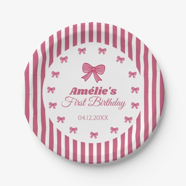 Cute Pink Bow Girl First Birthday  Pappteller (Vorderseite)