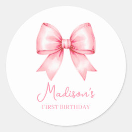 Cute Pink Bow Girl First Birthday Runder Aufkleber