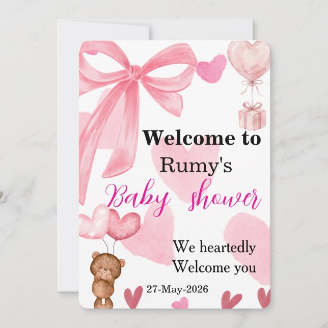 Cute Pink Bow Teddy Bear Shower Welcome Einladung (Vorderseite)