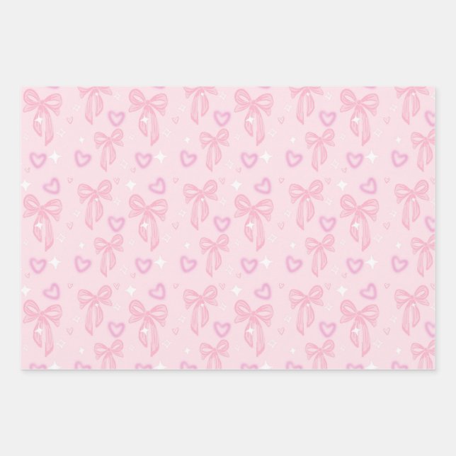 Cute Pink Bow Wrapping Paper Geschenkpapier Set (Vorderseite)
