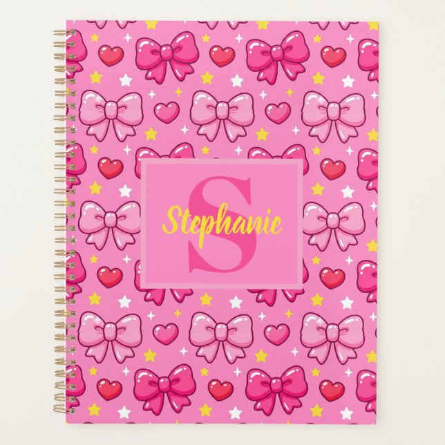 Cute Pink Bows and Hearts Personalized Monogram Planer (Vorderseite)