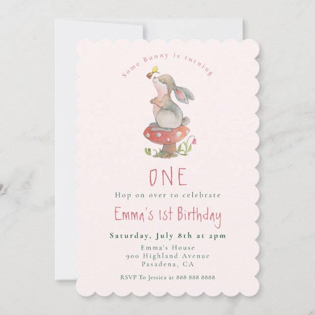 Cute Pink Bunny 1re invitation anniversaire (Devant)