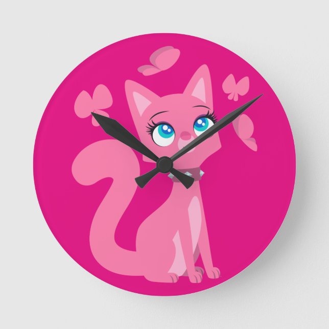 Cute Pink Cartoon Cat and Butterflies Runde Wanduhr (Vorderseite)