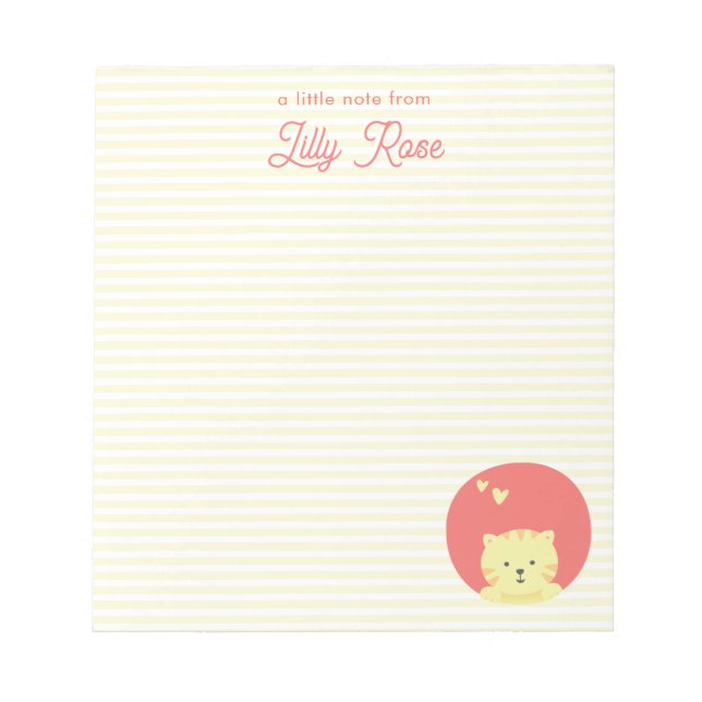 Cute Pink Cat Personalized Yellow Striped Girls  Notizblock (Vorderseite)