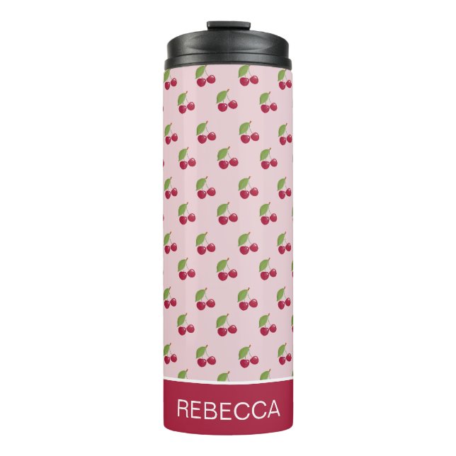 Cute Pink Cherry Pattern Personalised Thermosbecher (Vorderseite)