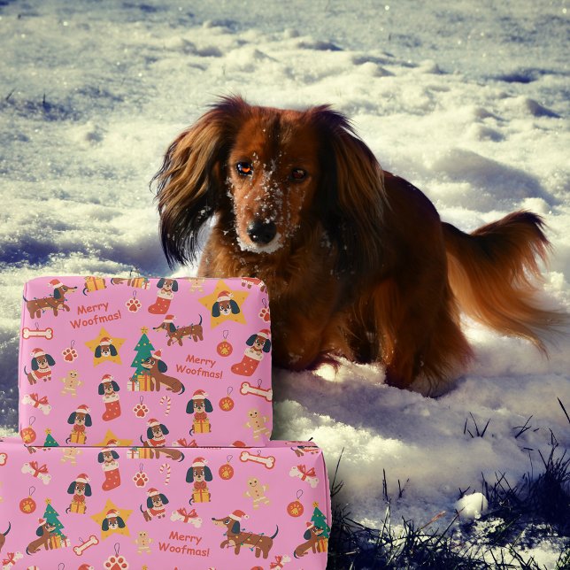 Cute Pink Christmas Dachshund Merry Woofmas Geschenkpapier (Cute festive Dachshund wrapping paper in pink, perfect for Dachshund dog lovers and the pups too!)