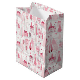 Cute Pink Christmas Village Snowy Day  Mittlere Geschenktüte