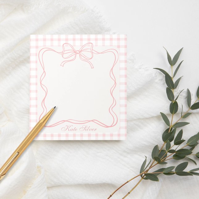 Cute Pink Coquette Bow Gingham Personalized Name Notizblock (Von Creator hochgeladen)