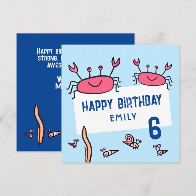 Cute Pink Crab Sea Animals Girl Happy Birthday Karte (Vorne/Hinten)