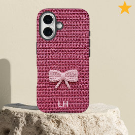 Cute Pink Crochet Bow Yarn Custom Name iPhone 16 Hülle