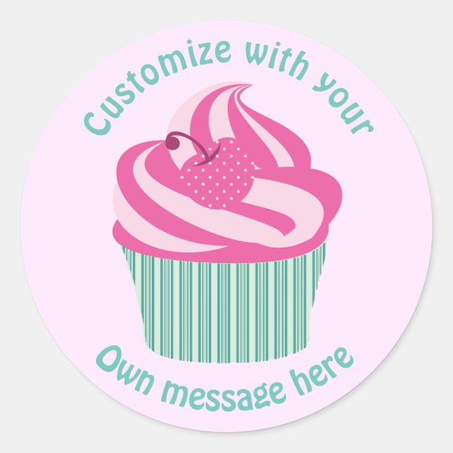 Cute Pink Cupcake Pastel Pink Custom Text Runder Aufkleber (Vorderseite)