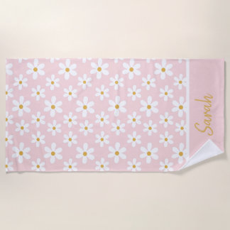 Cute Pink Daisies Custom Name Floral Personal  Strandtuch