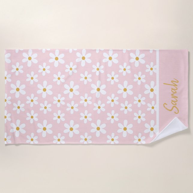 Cute Pink Daisies Custom Name Floral Personal  Strandtuch (Vorderseite)
