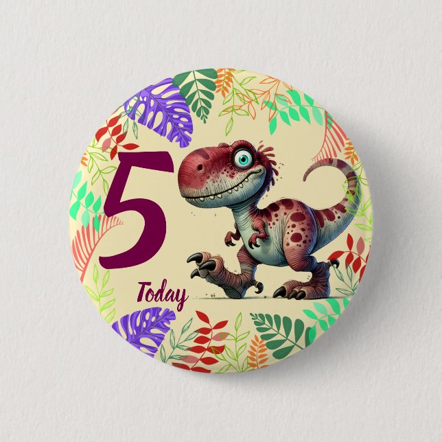 Cute Pink Dinosaur 5th Birthday Button (Vorderseite)