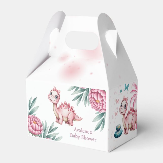 Cute Pink Dinosaur and Peony Baby Shower Geschenkschachtel (Vorderseite)