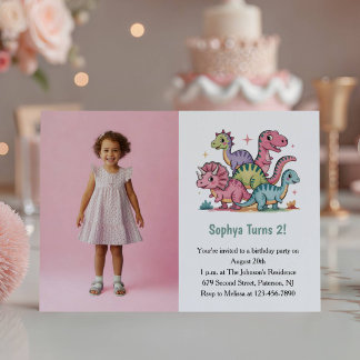 Cute Pink Dinosaur Photo Kids 2nd Birthday Party Einladung