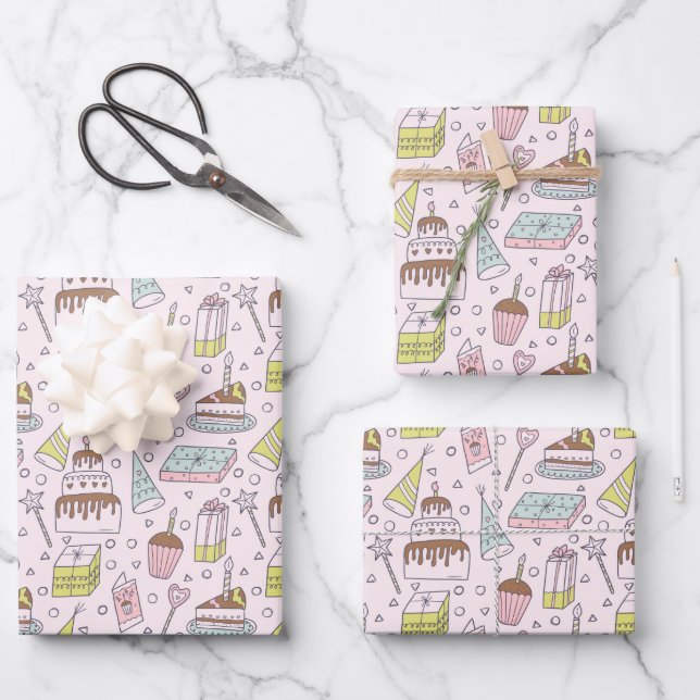 Cute Pink Doodle Hand Drawn Birthday Geschenkpapier Set (Vorderseite)