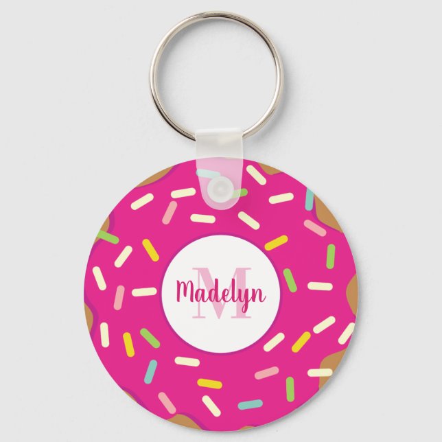 Cute pink doughnut keychains with custom monogram schlüsselanhänger (Vorderseite)