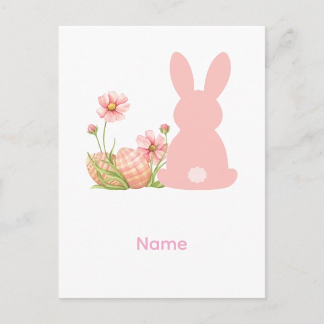 Cute Pink Easter Bunny with Spring Flowers  Postkarte (Vorderseite)