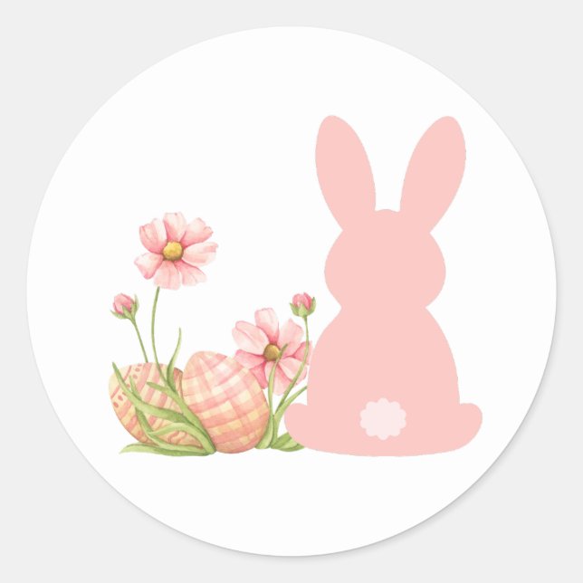 Cute Pink Easter Bunny with Spring Flowers  Runder Aufkleber (Vorderseite)
