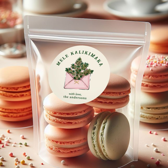 Cute Pink Envelope Holly Greenery Mele Kalikimaka  Runder Aufkleber (Von Creator hochgeladen)