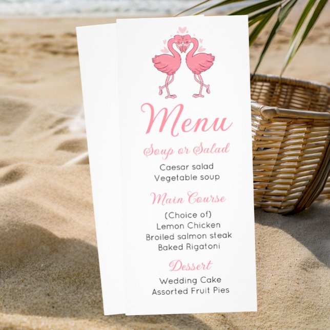 Cute Pink Flamingo Beach Tropical Wedding Menu Werbekarte (Von Creator hochgeladen)