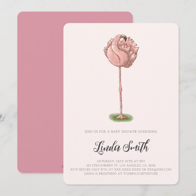 Cute Pink Flamingo Girl Baby Shower Einladung (Vorne/Hinten)