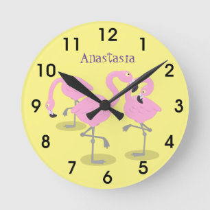 Cute pink flamingo trio cartoon illustration runde wanduhr