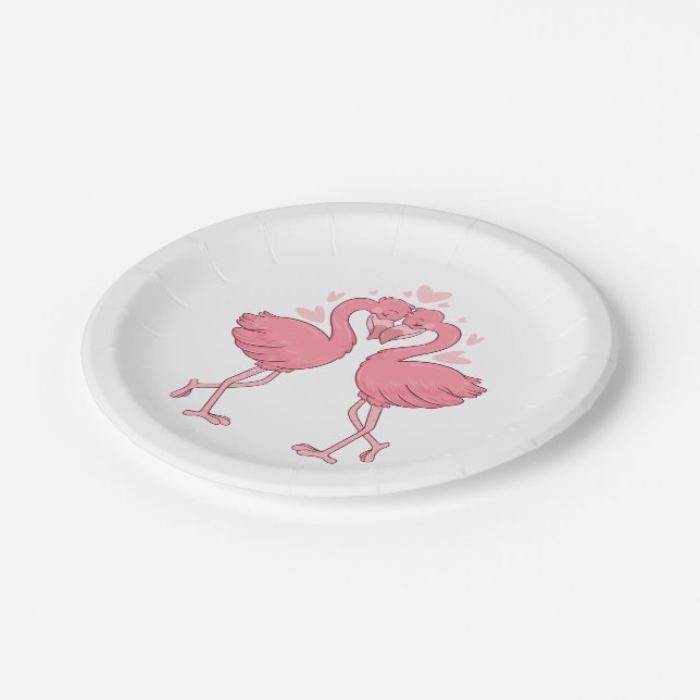 Cute Pink Flamingo Tropical Hawaiian Beach Wedding Pappteller (Schrägansicht)
