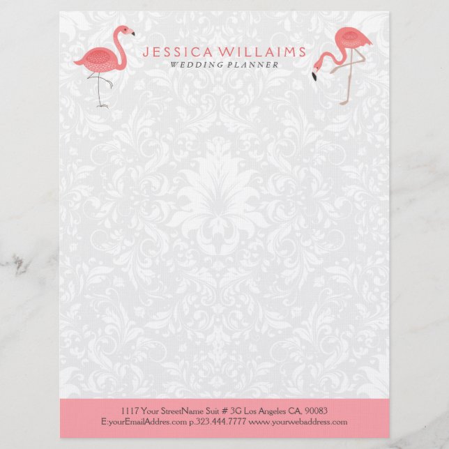 Cute pink Flamingo White Damasks Background Briefbogen (Vorderseite)