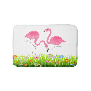 Cute Pink Flamingos & Spring Flowers Badematte