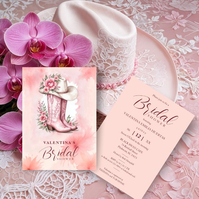 Cute Pink Floral Cowgirl Hat & Boots Bridal Shower Einladung (Cute Pink Floral Cowgirl Hat & Boots Bridal Shower Invitations Cards. )