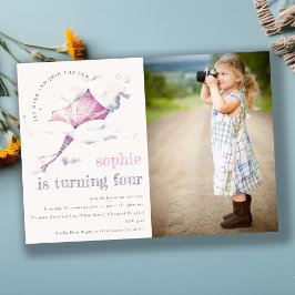 Cute Pink Flying Kite Sky Clouds Photo Birthday Einladung