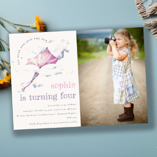 Cute Pink Flying Kite Sky Clouds Photo Birthday Einladung