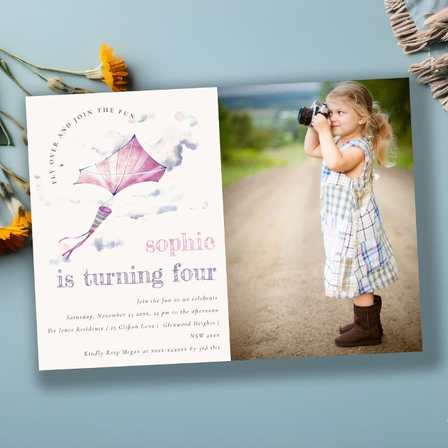 Cute Pink Flying Kite Sky Clouds Photo Birthday Einladung (Von Creator hochgeladen)