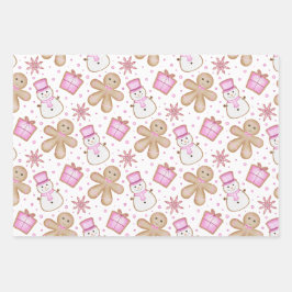 Cute Pink Girls Christmas Holiday Gingerbread Geschenkpapier Set