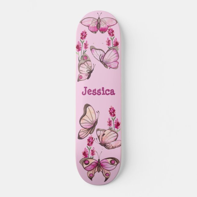 Cute Pink Girly Butterflies Floral Monogram Skateboard (Vorderseite)